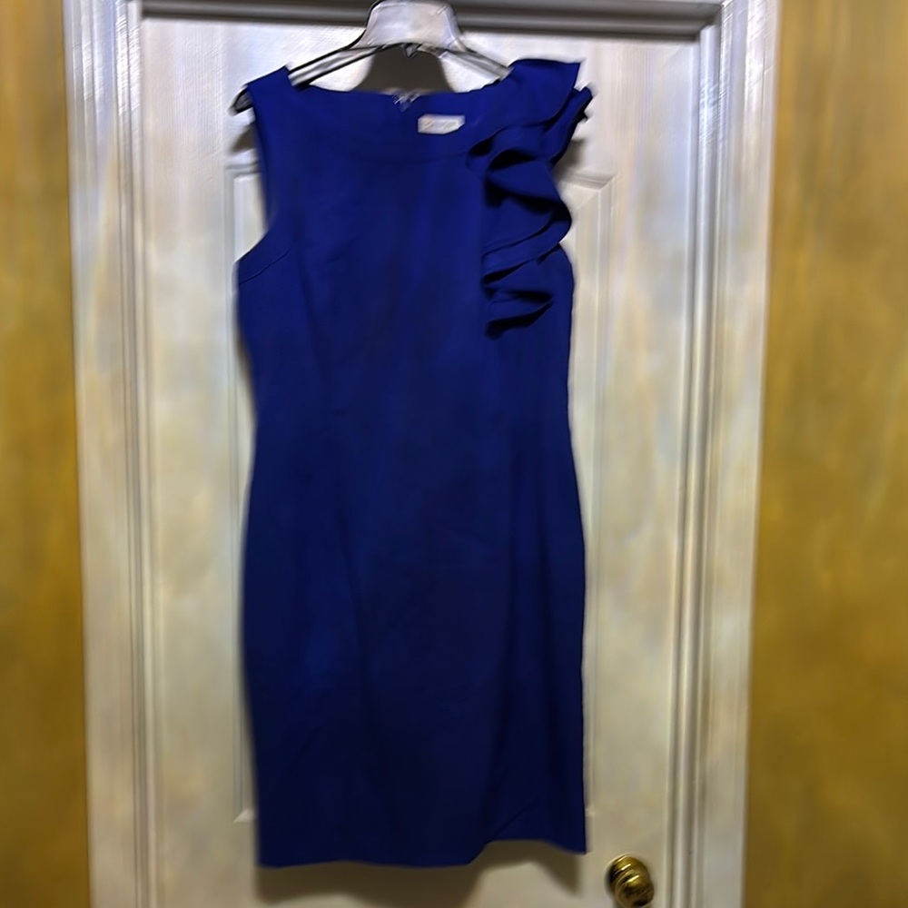 Sleeveless Ruffle-Trim Sheath Dress in Royal Blue